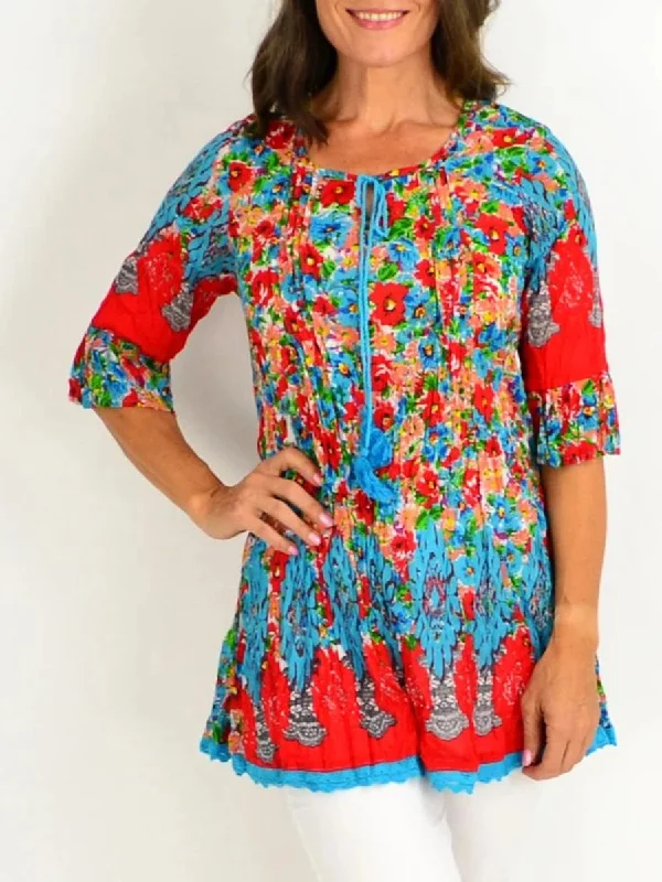 Printed Crew Neck Mid-Length Sleeves Shirt Hooded Caped Shawl Collar