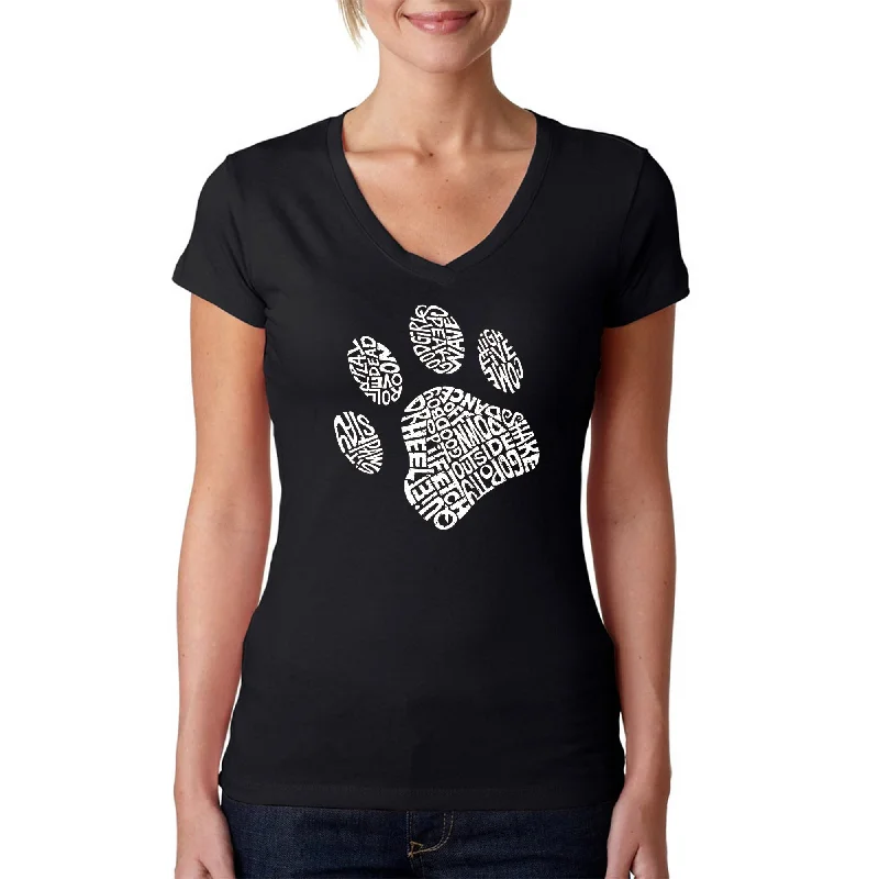Dog Paw  - Women's Word Art V-Neck T-Shirt Asymmetrical Pockets Print