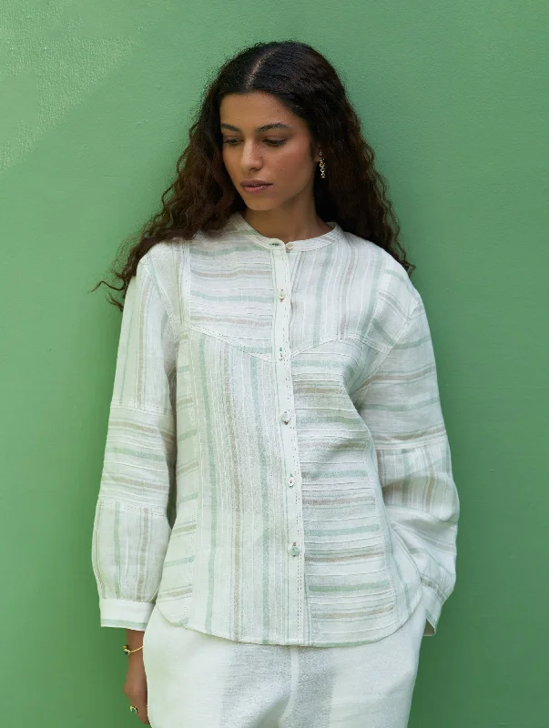 Miyu Pintucked Linen Shirt - Mint Chenille Blend Fleece Blend Nylon Blend