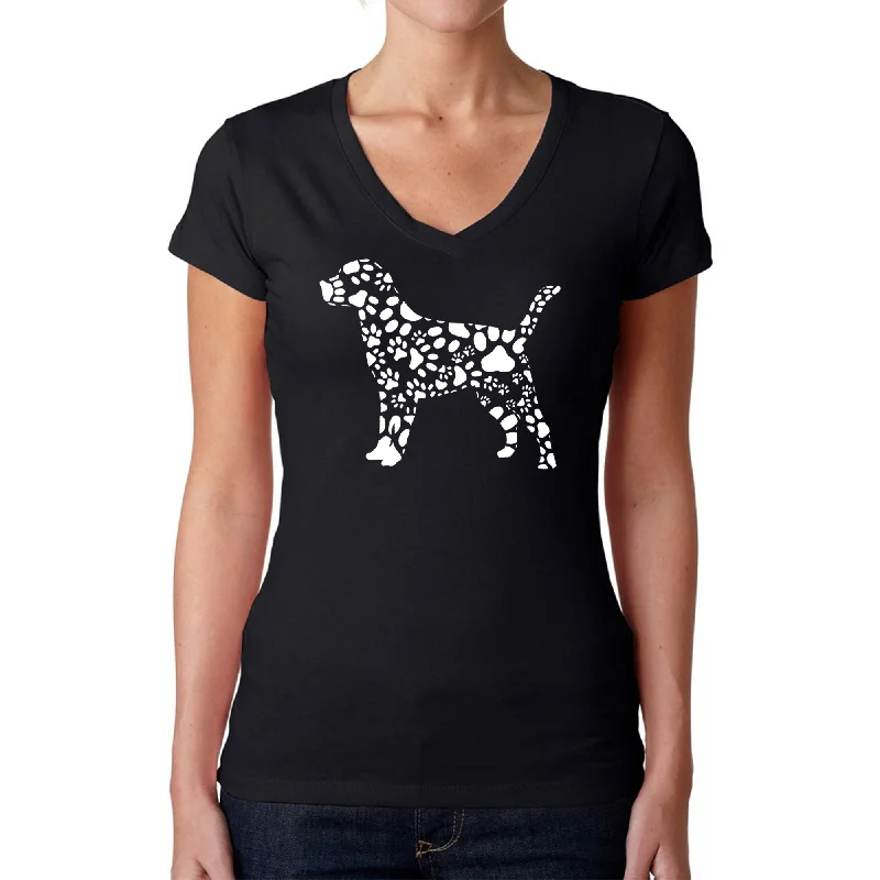 Dog Paw Prints  - Women's Word Art V-Neck T-Shirt Cotton Fabric Linen Fabric Terry Fabric