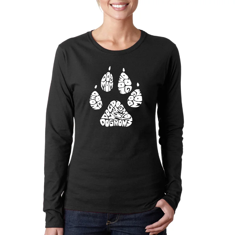 Dog Mom  - Women's Word Art Long Sleeve T-Shirt Front Pockets Side Pockets Patch Pockets