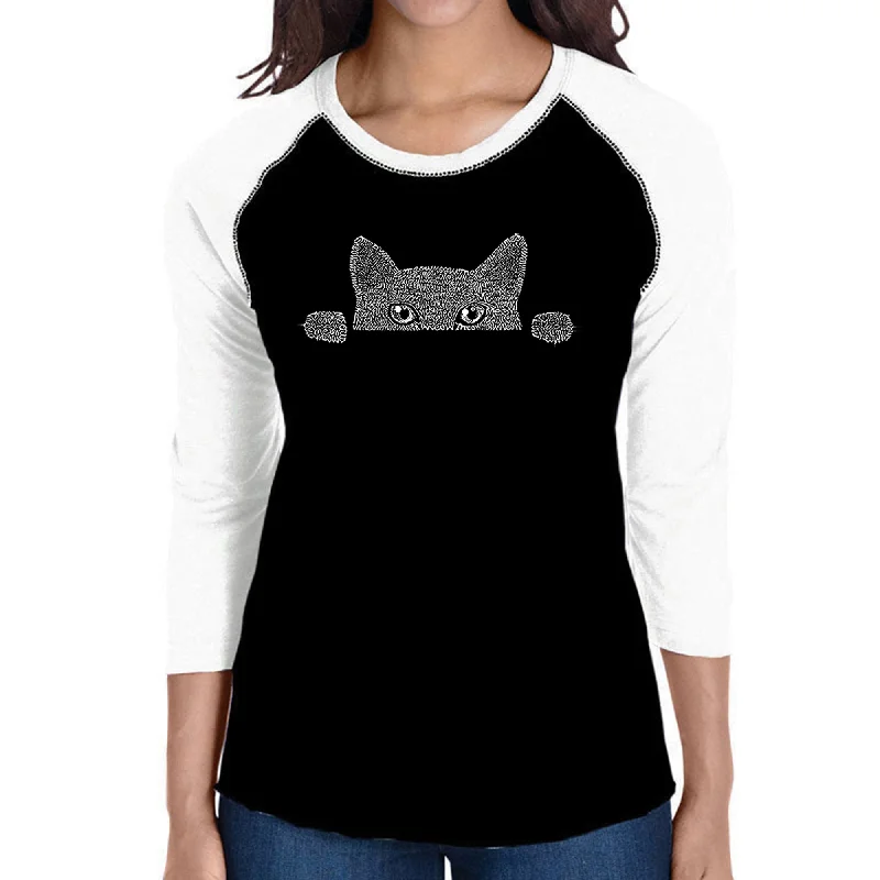 Peeking Cat  - Women's Raglan Baseball Word Art T-Shirt Notch Collar Peter Pan Collar Cowl Neck