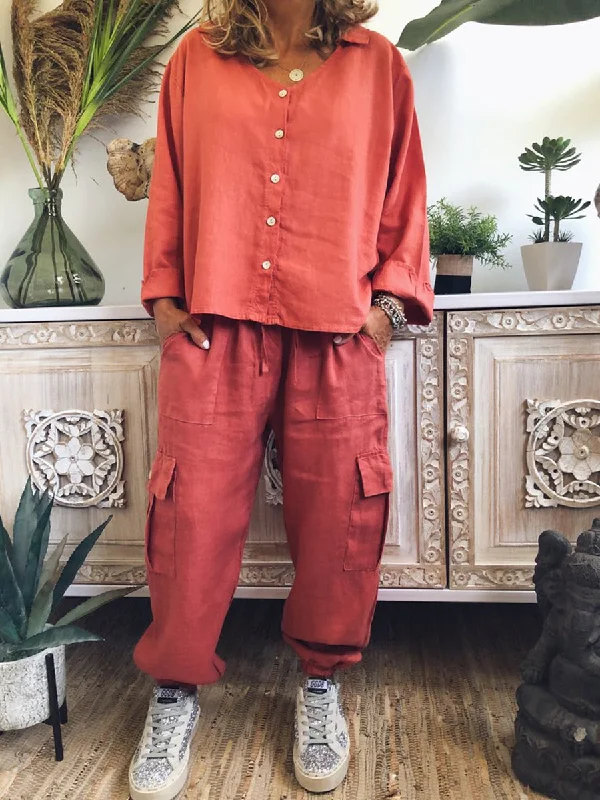 Loose V Neck Shirt Casual Long Pants Set Women’s Suit Collared Crew Neck Turtle Neck