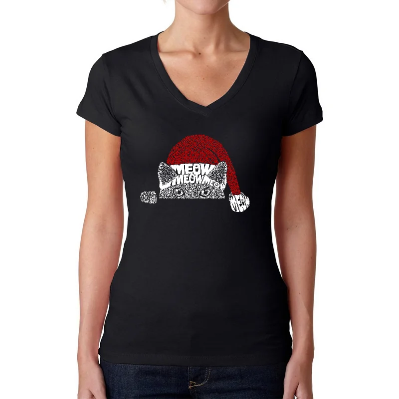 Christmas Peeking Cat - Women's Word Art V-Neck T-Shirt Nylon Fabric Polyester Fabric Spandex Fabric