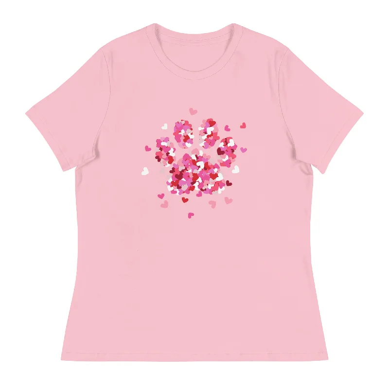Pink Paw Print of Hearts Women's Relaxed T-Shirt Handmade Hand-knitted Hand-woven