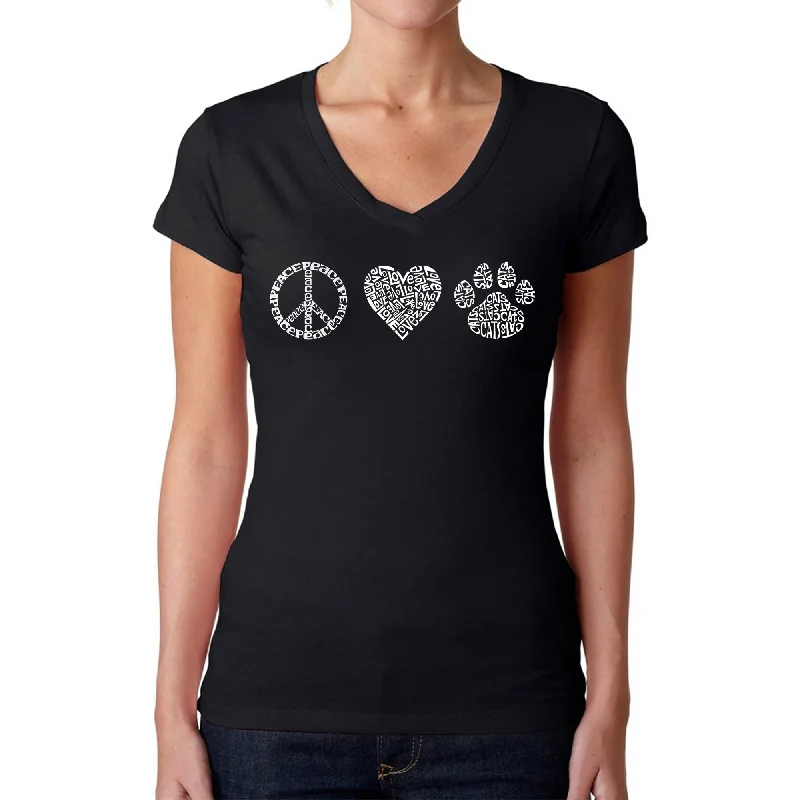 Peace Love Cats  - Women's Word Art V-Neck T-Shirt Welt Pockets Slit Pockets