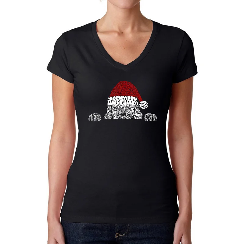 Christmas Peeking Dog - Women's Word Art V-Neck T-Shirt Collared Crew Neck Turtle Neck