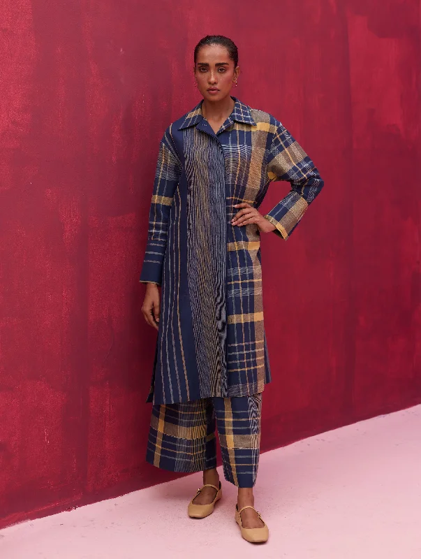 Masha Check Linen Shirt Kurta - Navy Wool Fabric Cashmere Fabric Tweed Fabric