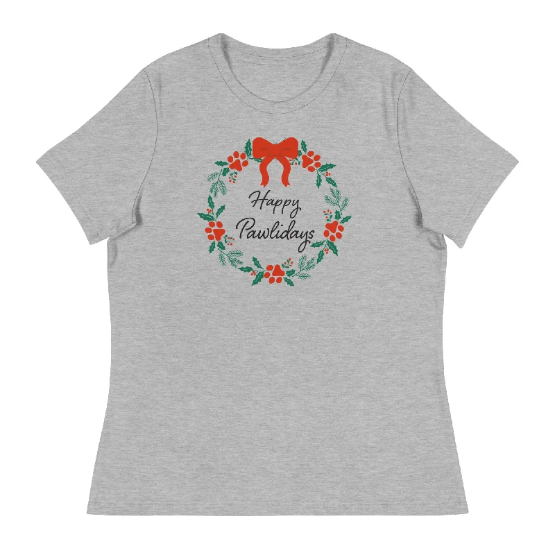 Happy Pawlidays Wreath Women's Relaxed T-Shirt Faux Fur Fabric Real Fur Fabric Shearling Fabric