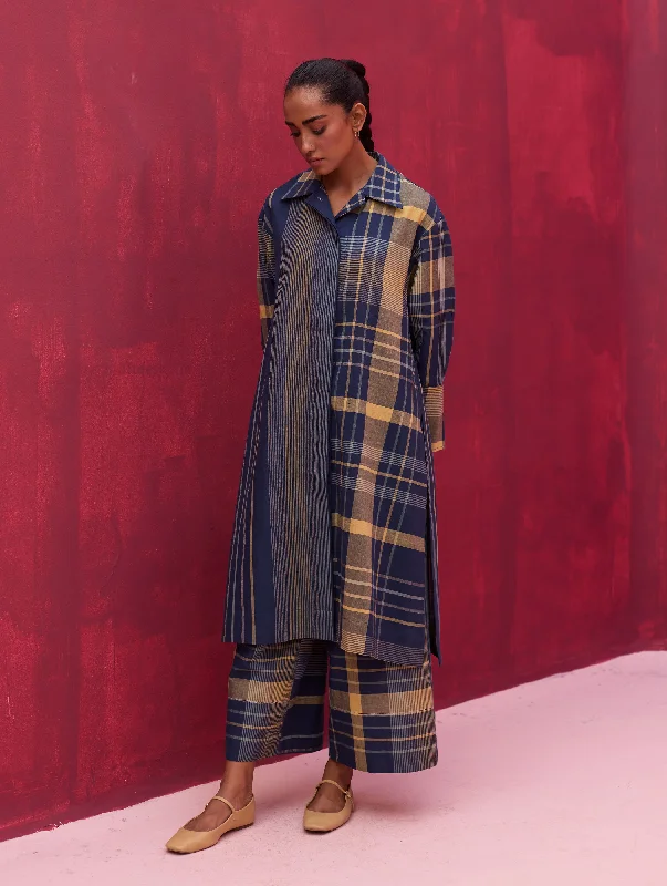 Masha Check Linen Shirt Co-ord Set - Navy Denim Fabric Leather Fabric Suede Fabric