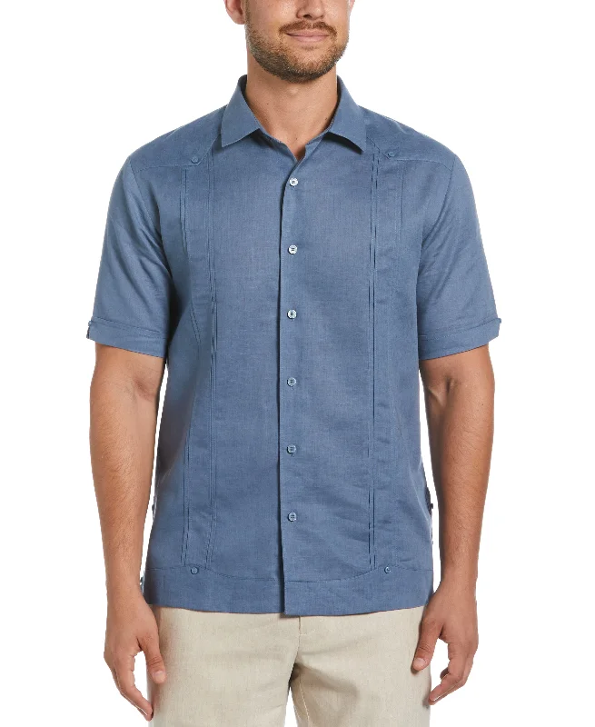Linen Blend No-Pocket Guayabera Shirt Collared Crew Neck Turtle Neck