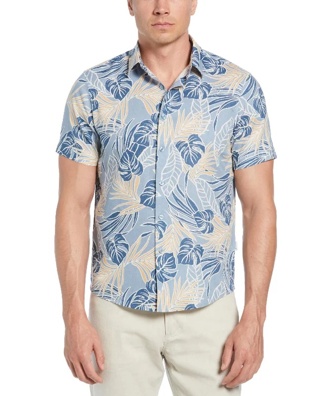 Linen-Blend Leaf Outline Print Shirt Houndstooth Herringbone Solid