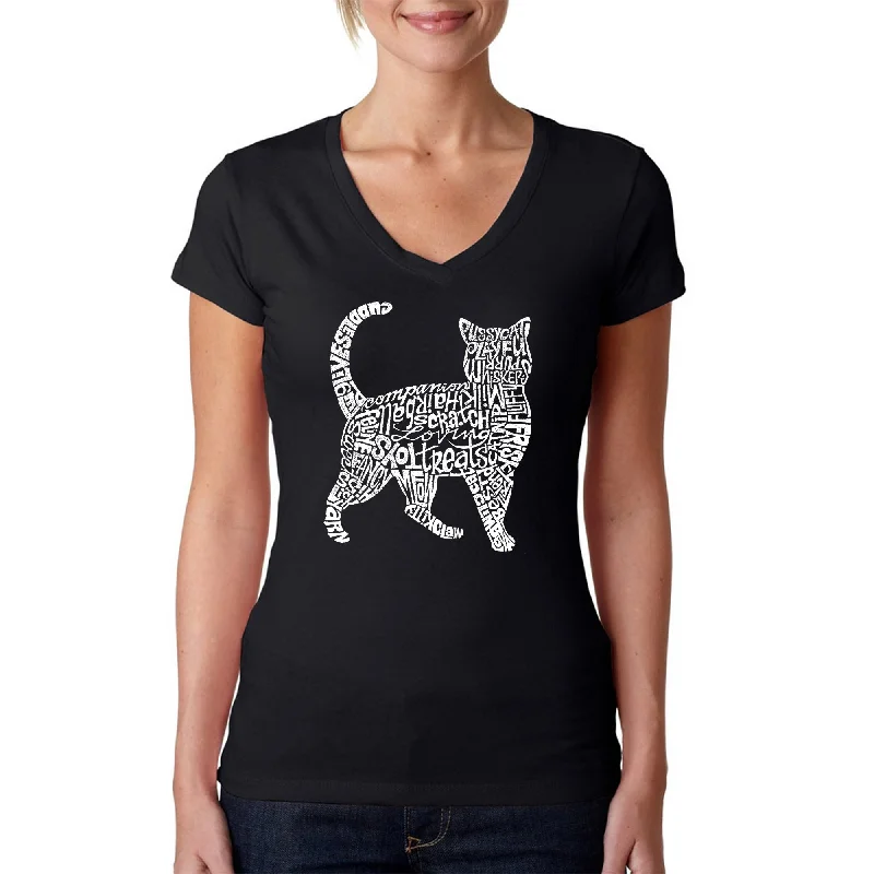 Cat  - Women's Word Art V-Neck T-Shirt V-Neck T-Shirt Long Sleeve Cotton