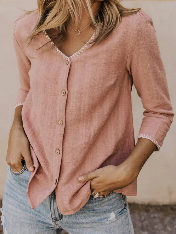Pink Casual Long Sleeve Buttoned Shirts & Tops Front Pockets Side Pockets Patch Pockets