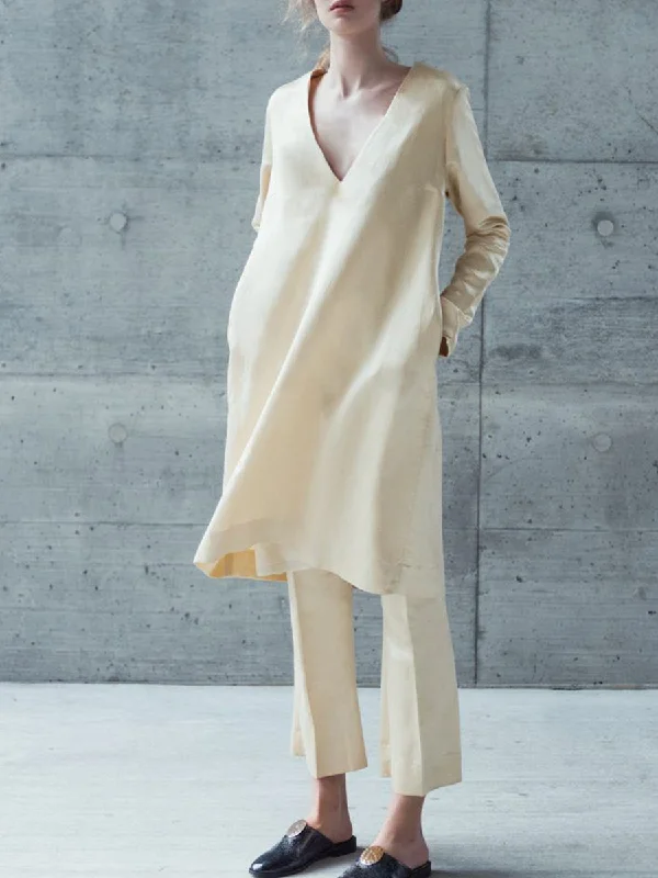 Loose Casual Solid Color V-neck Long Shirt Trousers Set Jersey Fabric Tulle Fabric Batik Fabric