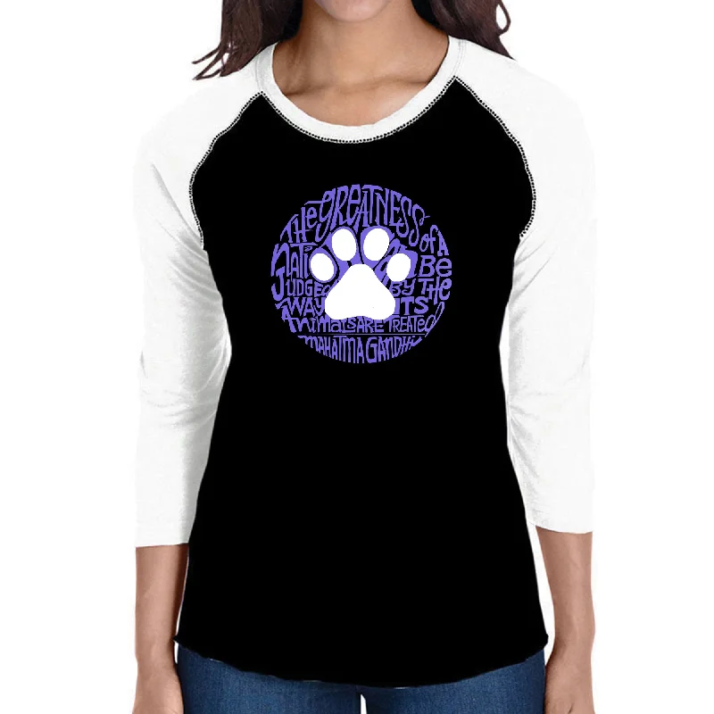 Gandhi's Quote on Animal Treatment  - Women's Raglan Baseball Word Art T-Shirt Ribbed T-Shirt High Neck Heavyweight