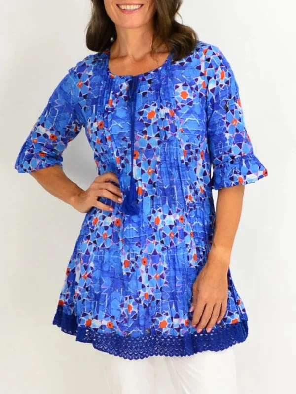 Crew Neck Mid-Length Sleeves Printed Shirt Notch Collar Peter Pan Collar Cowl Neck