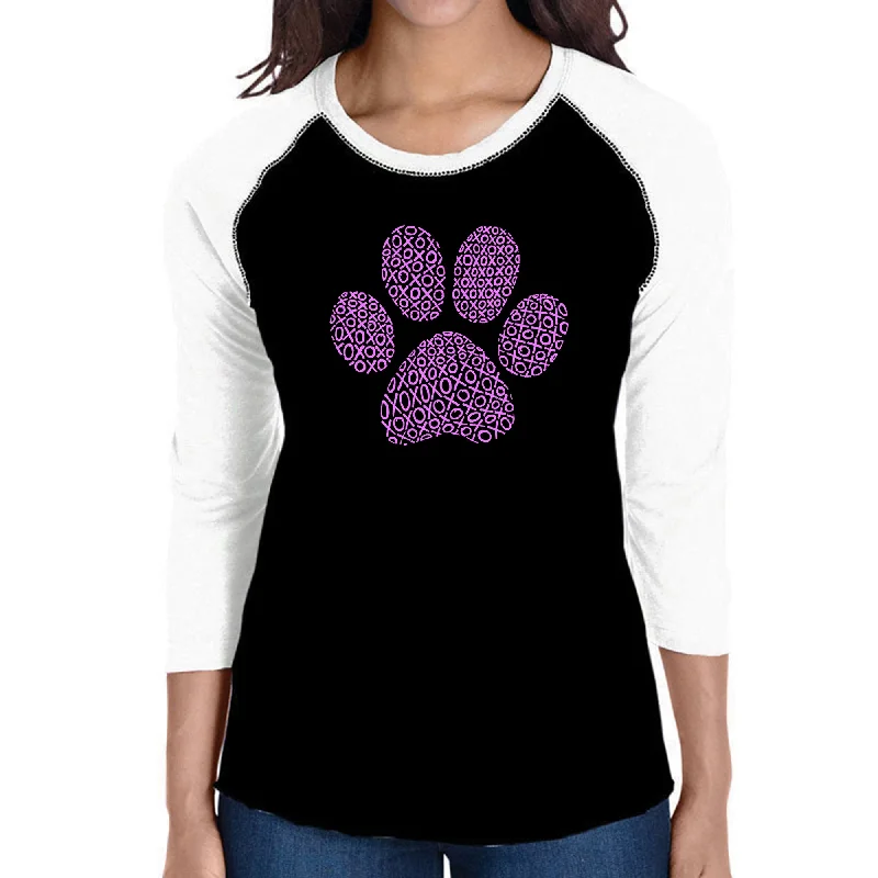 XOXO Dog Paw  - Women's Raglan Word Art T-Shirt Fleece Nylon Spandex