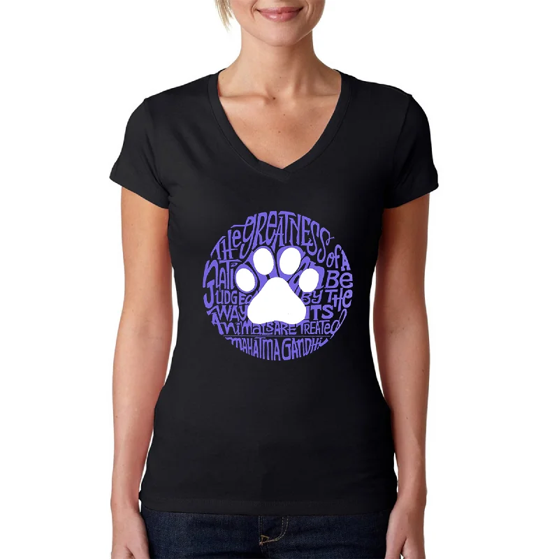 Gandhi's Quote on Animal Treatment  - Women's Word Art V-Neck T-Shirt Collared T-Shirt Boat Neck A-Line