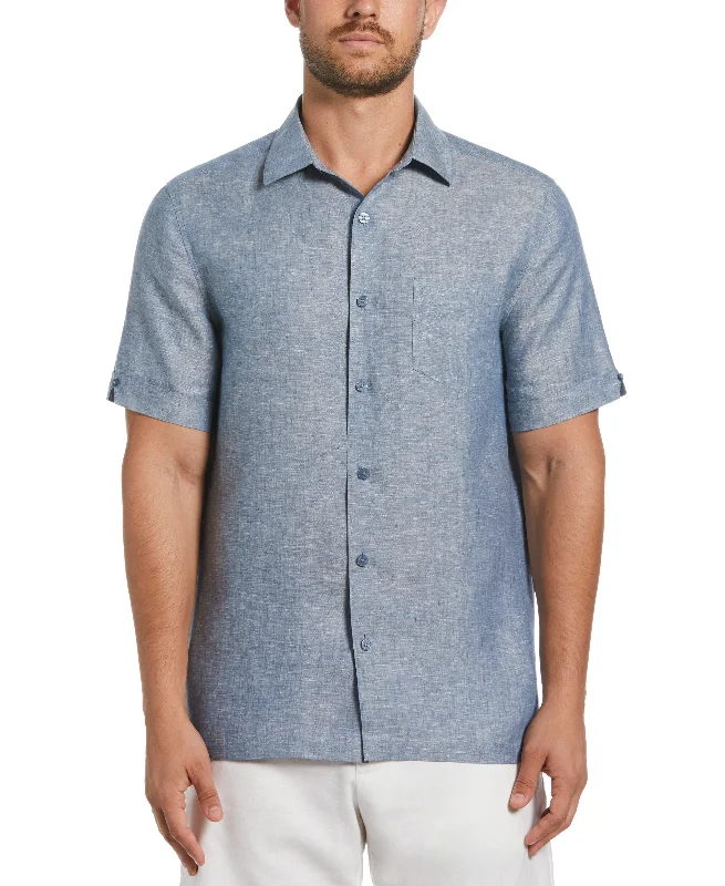 Classic Two-Tone Linen Shirt V-Neck T-Shirt Long Sleeve Cotton