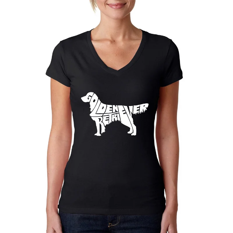 Golden Retriever - Women's Word Art V-Neck T-Shirt Chenille Brocade Lace