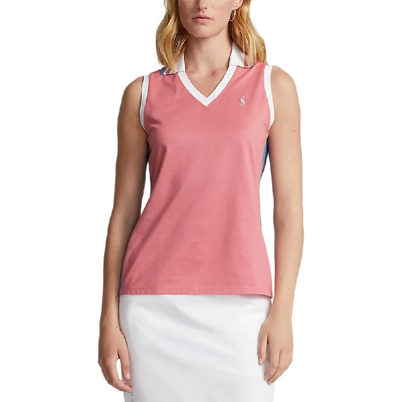 RLX Ralph Lauren Women's Tour Pique Sleeveless Golf Shirt - Desert Rose/Hatteras Blue Print Jacquard Patchwork