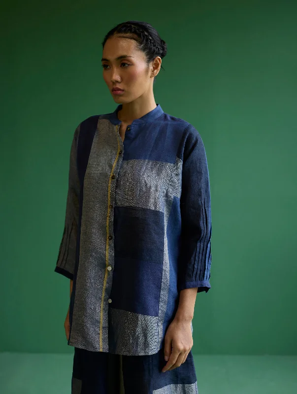 Izara Stripe Patchwork Linen Shirt - Navy Handmade Hand-knitted Hand-woven