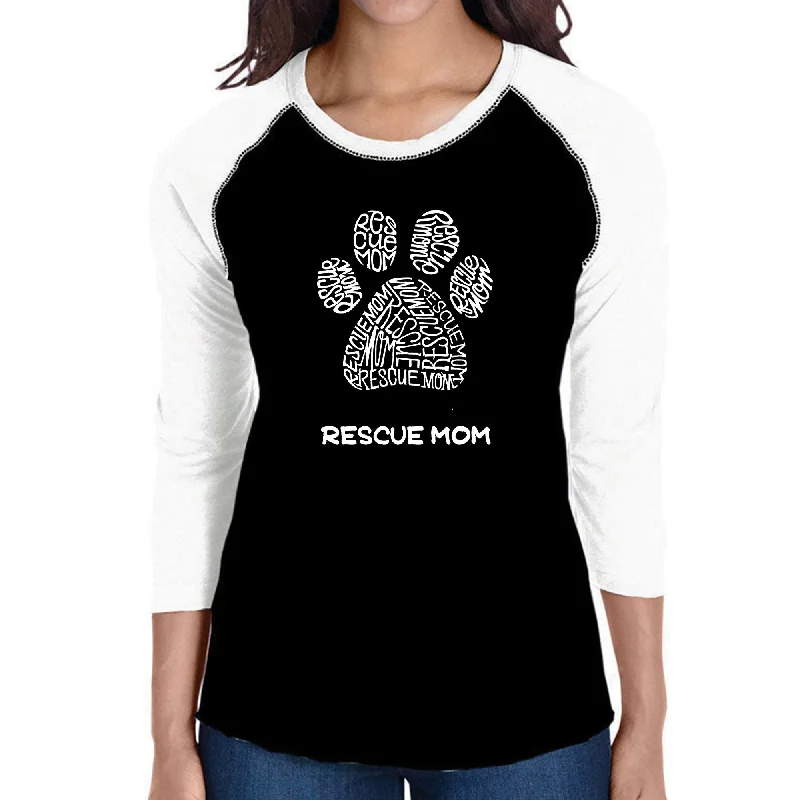 Rescue Mom  - Women's Raglan Baseball Word Art T-Shirt Front Pockets Side Pockets Patch Pockets