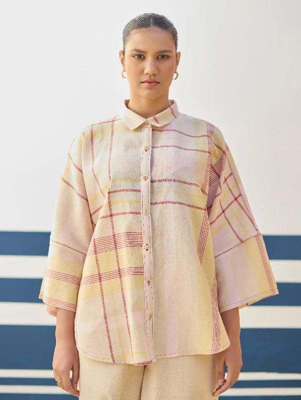 Cara Check Linen Shirt - Sand Embroidered Appliqued Beaded