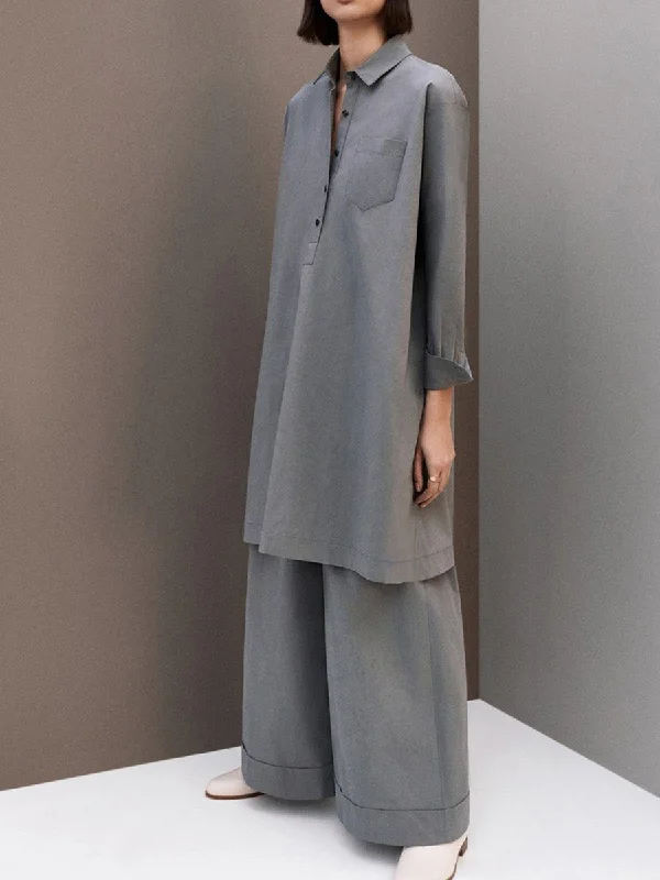 Loose Casual Solid Color Lapel Long Shirt Trousers Set Solid Print Embellished
