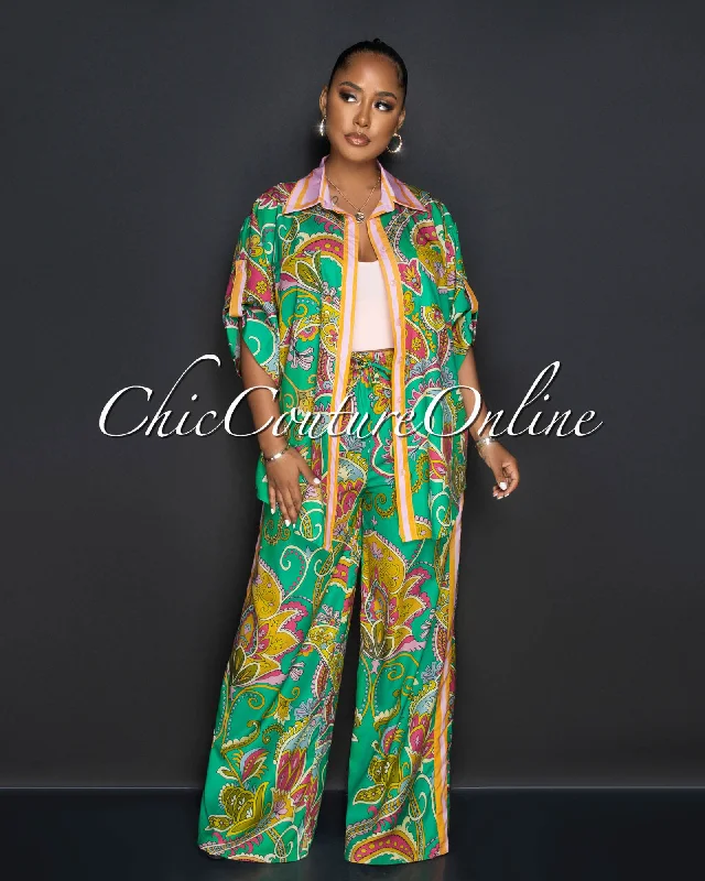 Alecia Green Print Shirt & Wide Pants Silky Set Notch Collar Peter Pan Collar Cowl Neck
