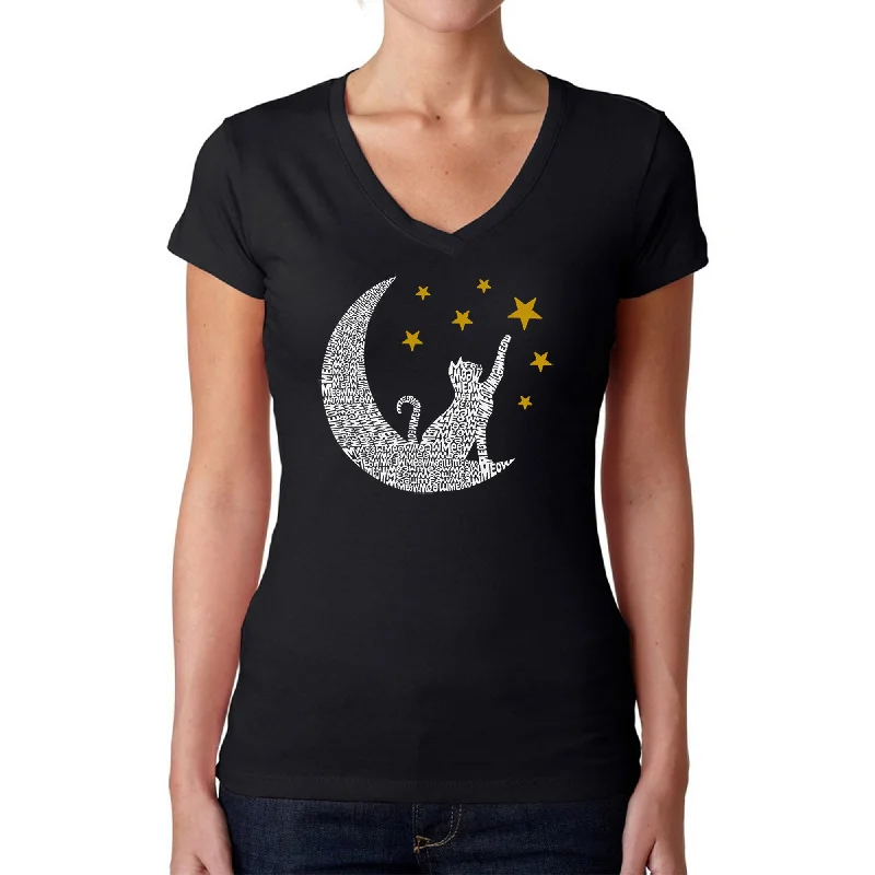 Cat Moon - Women's Word Art V-Neck T-Shirt Oversized T-Shirt Spandex breathable