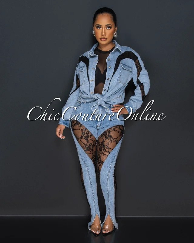 Fora Medium Denim Shirt & Jeans Set Silk Blend Satin Velvet