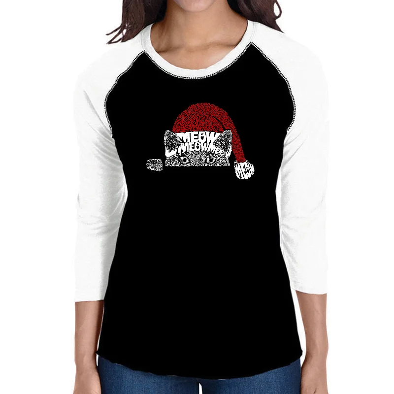 Christmas Peeking Cat - Women's Raglan Word Art T-Shirt Hooded Caped Shawl Collar