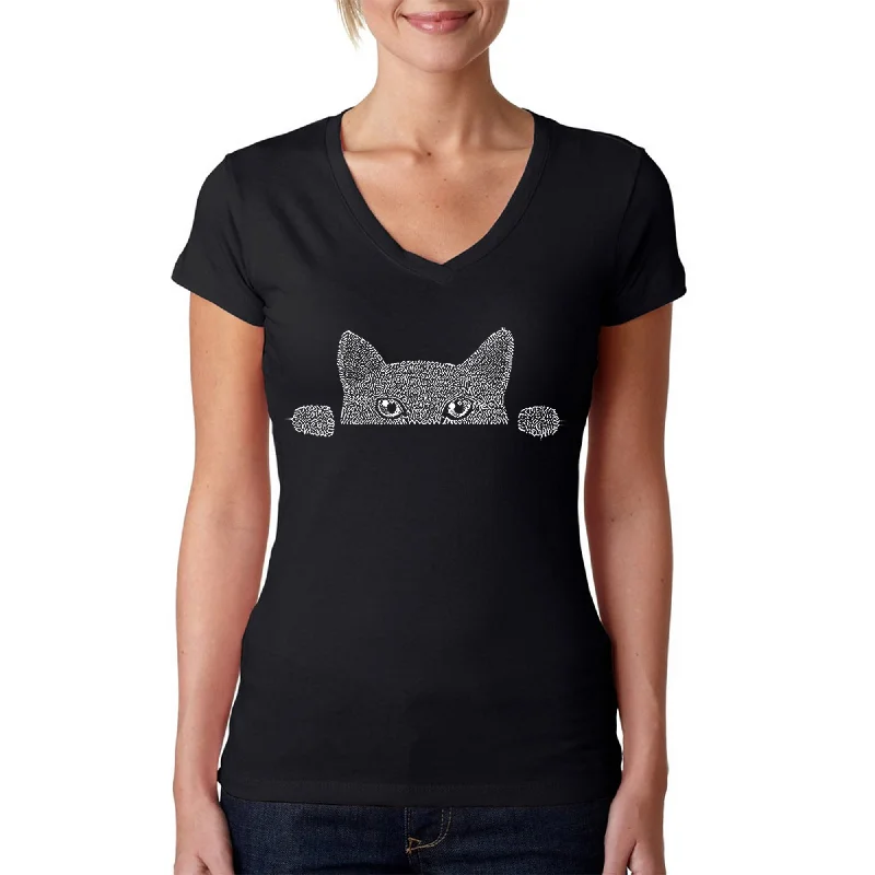Peeking Cat  - Women's Word Art V-Neck T-Shirt Spandex Blend Rayon Blend Denim Blend