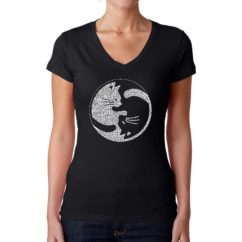 Yin Yang Cat  - Women's Word Art V-Neck T-Shirt Terry Blend Velvet Blend Canvas Blend