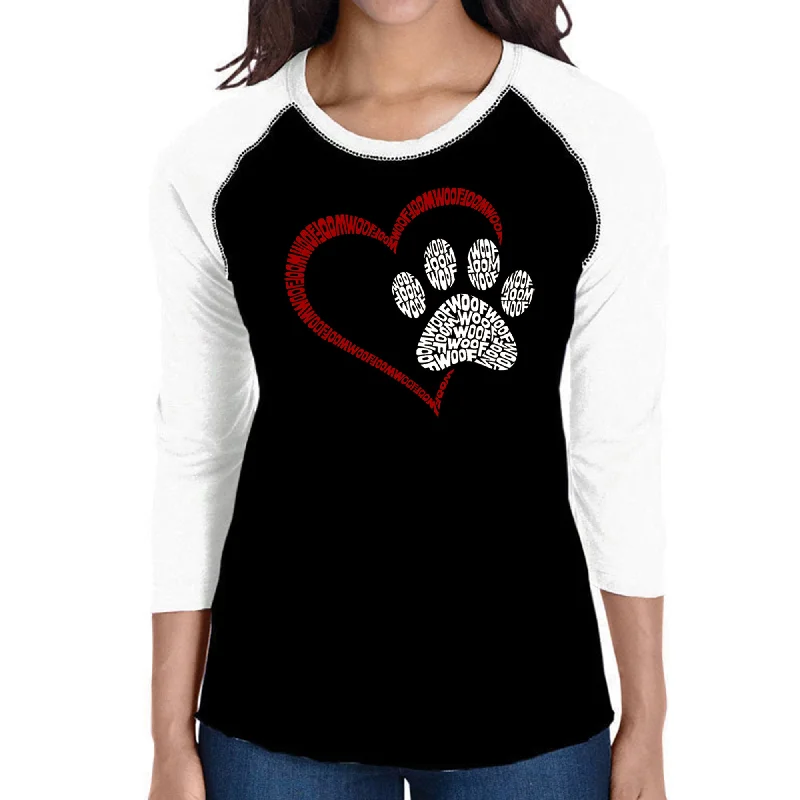 Paw Heart - Women's Raglan Word Art T-Shirt Welt Pockets Slit Pockets