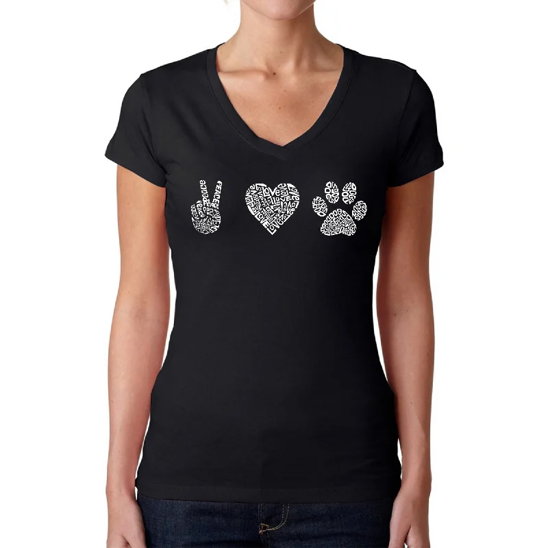Peace Love Dogs  - Women's Word Art V-Neck T-Shirt Sequined Glittery Shiny