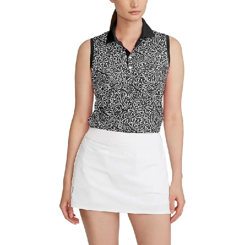RLX Ralph Lauren Women's Printed Airflow Sleeveless Golf Shirt - Polo Black Block Print Vines Elasticated Padded Insulated