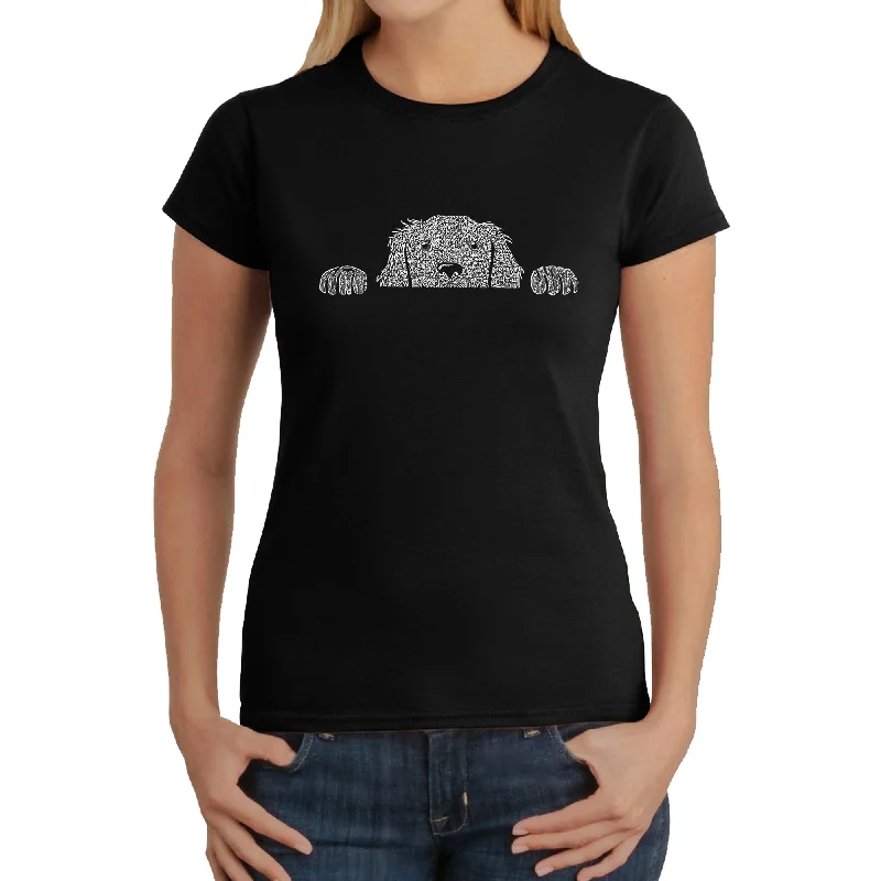 Peeking Dog  - Women's Word Art T-Shirt Solid Print Embellished