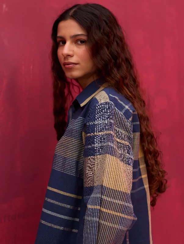 Buna Check Linen Shirt - Navy Nylon Fabric Polyester Fabric Spandex Fabric