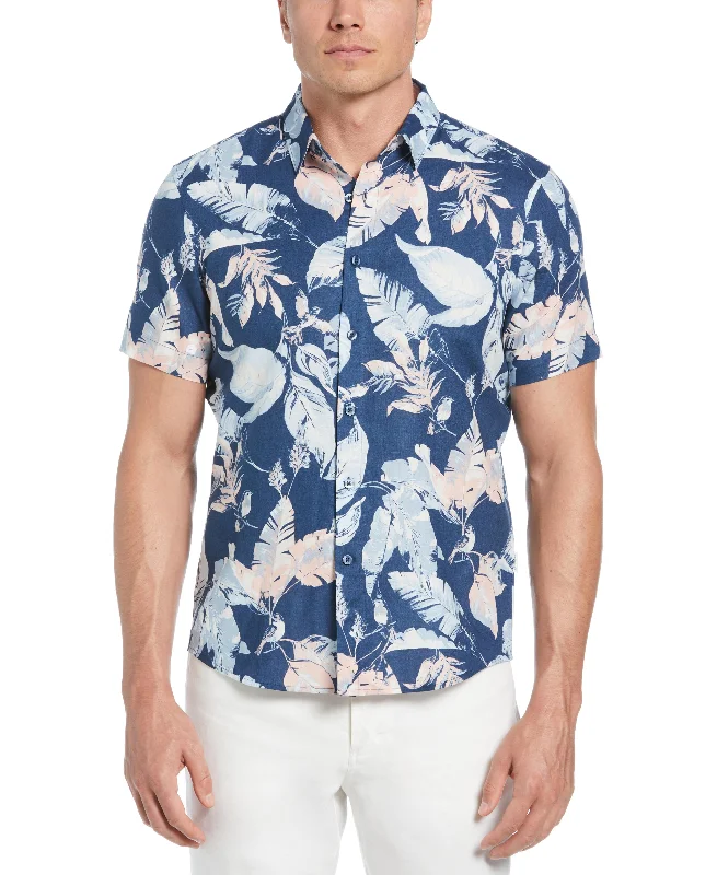 Linen-Blend Tropical Bird Print Shirt Terry Blend Velvet Blend Canvas Blend