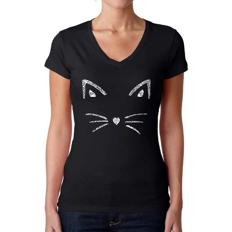 Whiskers  - Women's Word Art V-Neck T-Shirt Basic T-Shirt Crew Neck Short Sleeve