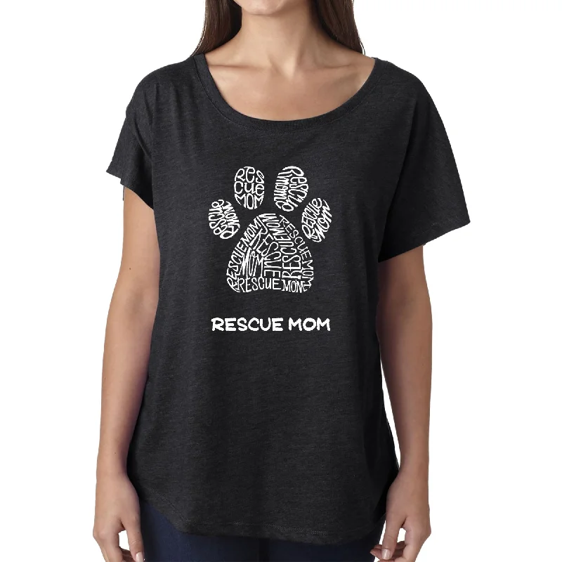 Rescue Mom  - Women's Loose Fit Dolman Cut Word Art Shirt Notch Collar Peter Pan Collar Cowl Neck
