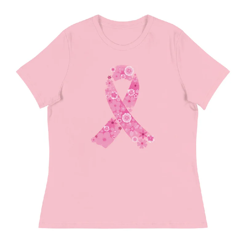Pink Ribbon Floral Women's Relaxed T-Shirt Welt Pockets Slit Pockets Flap Pockets