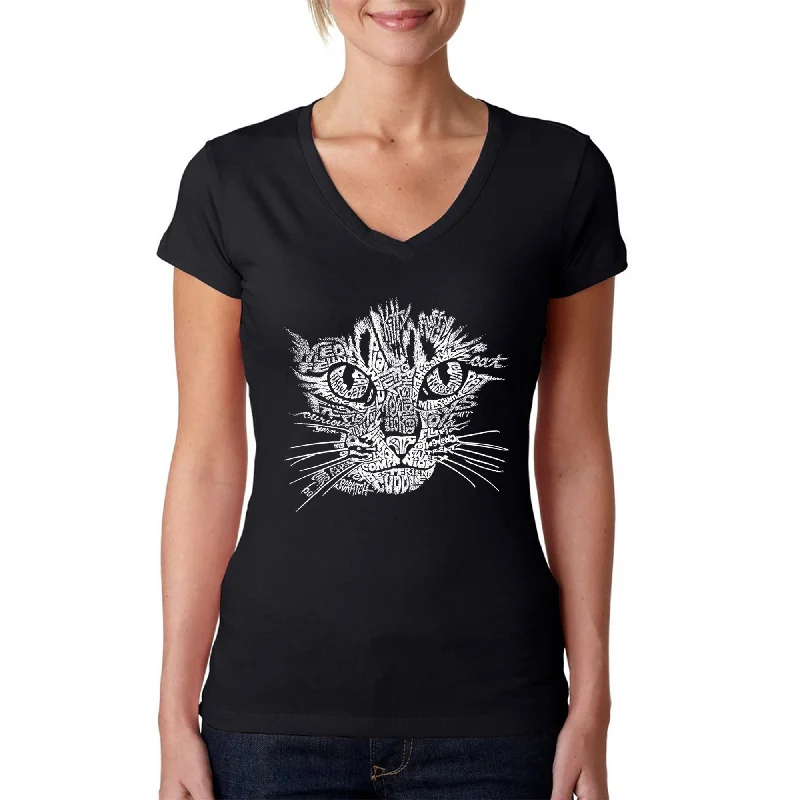 Cat Face  - Women's Word Art V-Neck T-Shirt Anti-Pilling Machine Wash Handmade