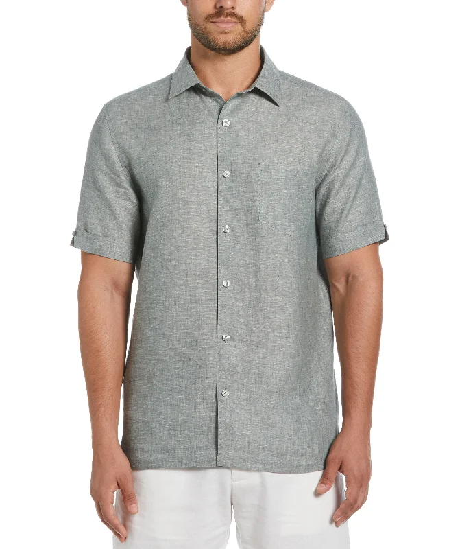Classic Two-Tone Linen Shirt Front Pockets Side Pockets Patch Pockets