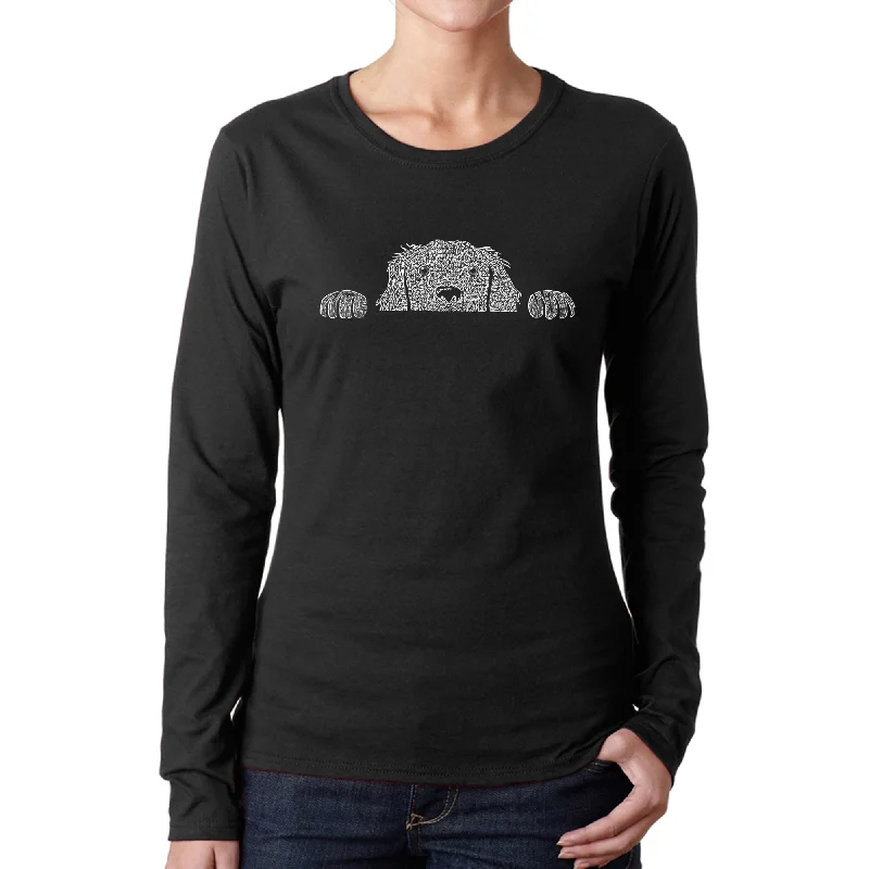 Peeking Dog  - Women's Word Art Long Sleeve T-Shirt Zippered Front Buttoned Front Snap Front