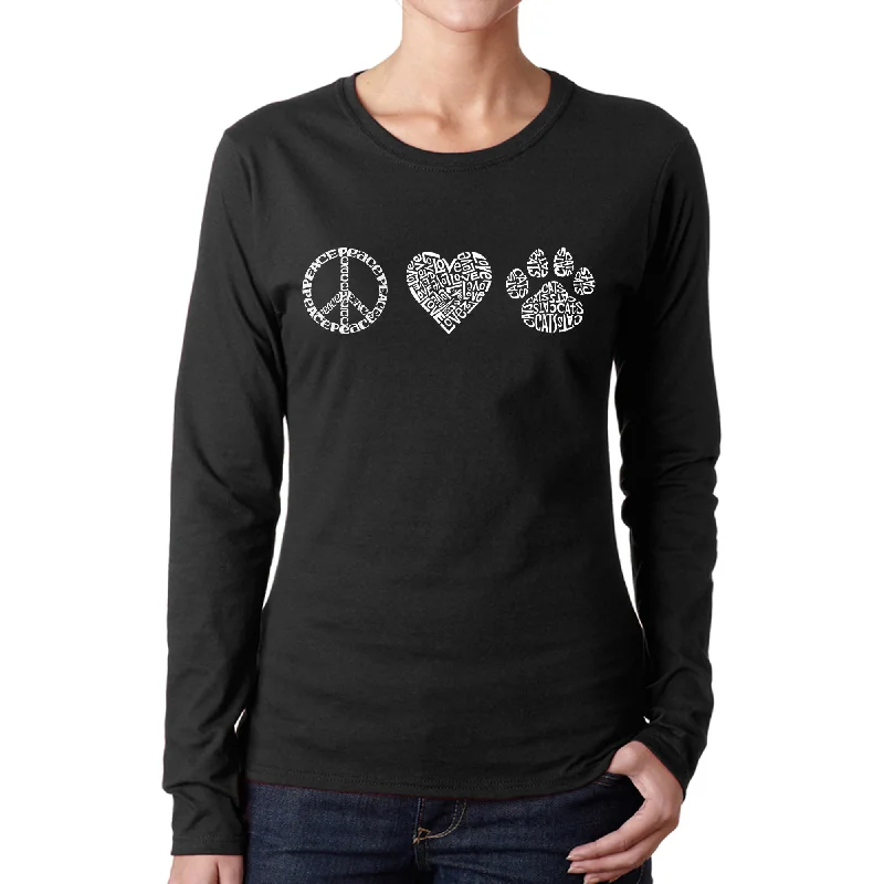Peace Love Cats  - Women's Word Art Long Sleeve T-Shirt Lace Blend Ribbed Blend Corduroy Blend