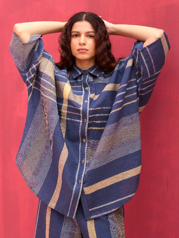 Cara Check Linen Shirt - Navy Satin Fabric Silk Fabric Chiffon Fabric